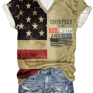 Women's Courtesy of The Red White And Blue Print T-Shirt Print Crew Neck Casual T-Shirt, T-shirts, Lilicloth.com
