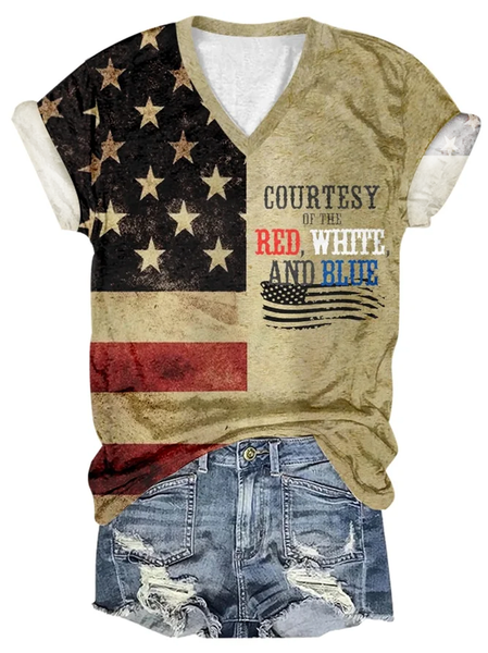 Women's Courtesy of The Red White And Blue Print T-Shirt Print Crew Neck Casual T-Shirt, T-shirts, Lilicloth.com
