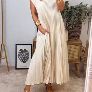 Elegant Crew Neck Loose Plain Pleated Dress, Maxi Dresses, color:Off White|size:XXL, Stylewe