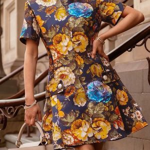Floral Elegant Regular Fit Crew Neck Short Sleeve Dress, Mini Dresses, color:As Picture|size:XXL, Stylewe