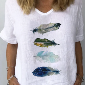 Loose Casual Feather Pattern V Neck Blouse, Blouses & Shirts, Roselinlin - Online Catalog