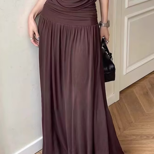 High Elasticity Loose Casual Plain Loose Maxi Skirt, Skirts, color:Brown|size:XXL, Stylewe