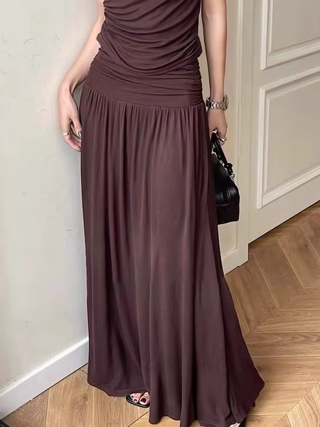 High Elasticity Loose Casual Plain Loose Maxi Skirt, Skirts, color:Brown|size:XXL, Stylewe
