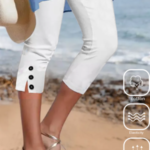 Women's Elastic Waist Casual Plain Summer Buckle Capris Leggings, JustFashionNow Leggings, color:White|size:XXL,