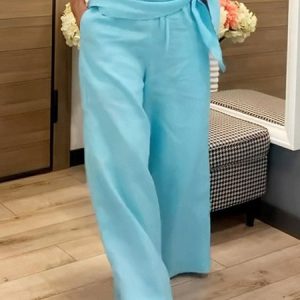 Daily  Linen Casual Fashion Wide Leg Pants, Pants, color:Blue|size:XXL, Stylewe