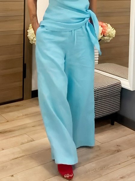 Daily Linen Casual Fashion Wide Leg Pants, Pants, color:Blue|size:XXL, Stylewe