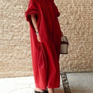 Casual Chic Boat Neck Linen Loose Dress, Maxi Dresses, color:Red|size:XL, Stylewe