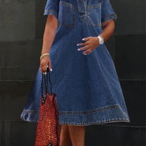 Casual Short Sleeve Plain Loosen Denim Midi Dress, Midi Dresses, color:Denim Blue|size:XXL, Stylewe