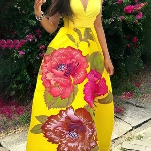 Elegant Floral V Neck Regular Fit Sleeveless Maxi Dress, Maxi Dresses, color:Yellow|size:XXL, Stylewe