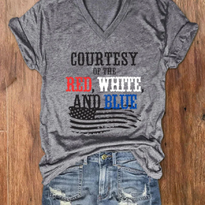 Women's Courtesy Of The Red White And Blue V Neck Casual Flag Cotton-Blend T-Shirt, T-shirts, Lilicloth.com