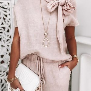 Daily Others Casual Bow Short Sleeve Linen Shirt, Blouses and Shirts, color:As Picture|size:XXL, Stylewe