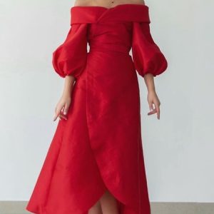 Cold Shoulder Elegant Plain Regular Fit Dress, Maxi Dresses, color:Red|size:XXL, Stylewe