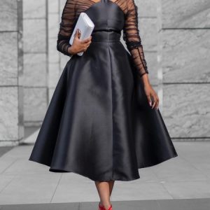 Elegant Halter Plain Regular Fit Midi Dress, Midi Dresses, color:Black|size:XXL, Stylewe