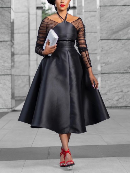 Elegant Halter Plain Regular Fit Midi Dress, Midi Dresses, color:Black|size:XXL, Stylewe