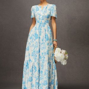 Vacation V-neck Floral Print Smocked Waist  Maxi Dress with Pocket, Maxi Dresses, color:Blue|size:XXL, Stylewe
