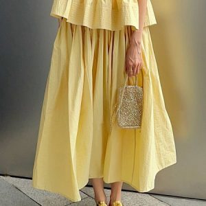 Urban High Waist Loose Plain Skirt, Skirts, color:Yellow|size:XL, Stylewe