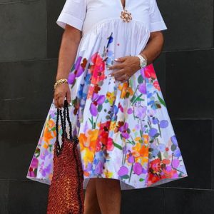Vacation Loose Short Sleeve Floral Others Midi Dress, Midi Dresses, color:As Picture|size:XXL, Stylewe