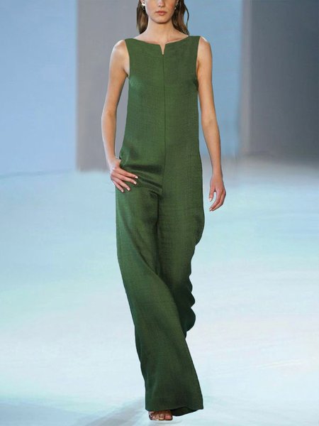 Notched Plain Urban Regular Fit Sleeveless Jumpsuit, Jumpsuits, color:Green|size:XXL, Stylewe