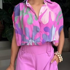 Loose Floral Vacation Shirt Collar Blouse, Blouses and Shirts, color:Pink|size:XXL, Stylewe