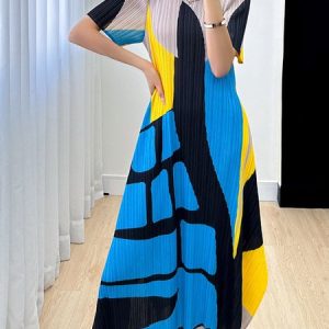 Daily V Neck Geometric Elegant Regular Fit Dress, Midi Dresses, color:Blue|size:XXL, Stylewe
