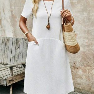 Vacation Crew Neck Plain Cotton Dress With No, Midi Dresses, Roselinlin - Online Catalog