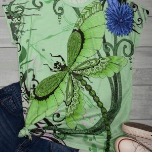 Vintage Short Sleeve Dragonfly Floral Printed Crew Neck Casual Top, Tees & T-shirts, Roselinlin - Online Catalog