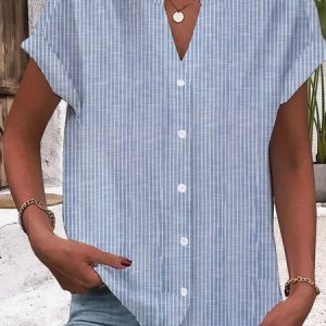 V Neck Short Sleeve Striped Regular Loose Blouse For Women, Shirts, color:Blue|size:XXL, catalog Noracora shop
