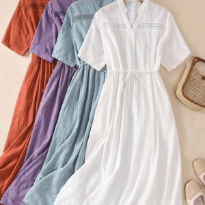 Plain Loose Simple V Neck Linen Style Dress With Belt, Maxi Dresses, Roselinlin - Online Catalog