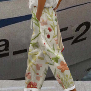 Women's Wide Leg Linen Pants Floral Print Pants Trousers Full Length Faux Linen Side Pockets Baggy Fashion Casual Weekend, Pants, Roselinlin - Online Catalog