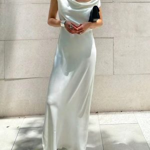 Cold Shoulder Plain Regular Fit Urban Satin Dress, Maxi Dresses, color:White|size:XL, Stylewe