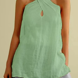 Women Casual Plain Cross Neck Halter Neck Loose Sleeveless Cotton Linen Tank Top, Tank Tops & Camis, Roselinlin - Online Catalog