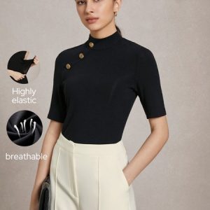 High-Elasticity Stand Collar Button Tee, Tees, color:Black|size:XXL, Stylewe