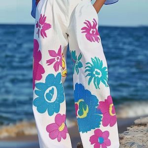 Floral Loose Vacation Wide leg Pants, Pants, color:As Picture|size:XXL, Stylewe