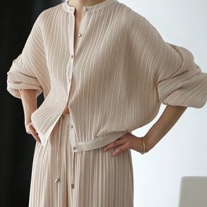 Crew Neck Plain Pleated Urban Loose Blouse, Blouses and Shirts, color:Apricot|size:XL, Stylewe