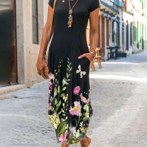 Cotton-Blend Short Sleeve Crew Neck Floral-Print Knitting Dress, Maxi Dresses, Roselinlin - Online Catalog