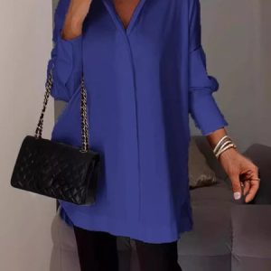 Shirt Collar Long Sleeve Plain Regular Loose Blouse For Women, Shirts, color:Royal Blue|size:5XL, catalog Noracora shop