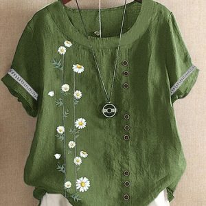 Small Daisy Short Sleeve Hollow out Lace Crew Neck Buckle Casual Blouse, Blouses & Shirts, Roselinlin - Online Catalog