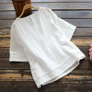 Crew Neck Cotton Casual Plain Blouse, Blouses & Shirts, Roselinlin - Online Catalog