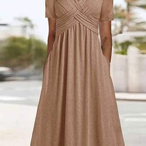 Women Elegant Plain Ruched Pockets V Neck Vacation Dress, Midi Dresses, Roselinlin - Online Catalog