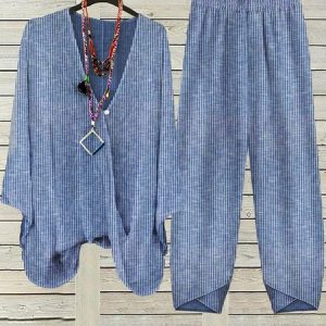 Women's Striped Daily Going Out Two Piece Set Short Sleeve Casual Summer Top With Pants Matching Set Blue, JustFashionNow Suit Set, color:Blue|size:XXL,