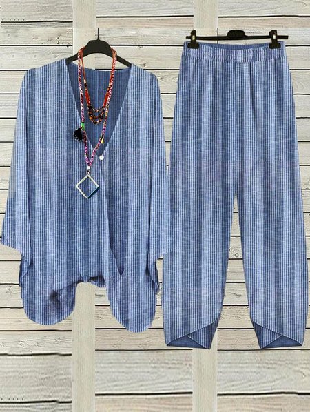 Women's Striped Daily Going Out Two Piece Set Short Sleeve Casual Summer Top With Pants Matching Set Blue, JustFashionNow Suit Set, color:Blue|size:XXL,