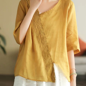 Loose V Neck Casual Cotton And Linen Blouse, Blouses & Shirts, Roselinlin - Online Catalog