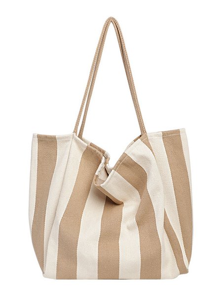 Large Capacity Casual Striped Canvas Tote Bag, Bags, color:Apricot|size:One-size, Stylewe