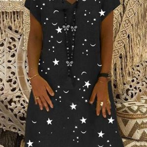 Vintage Star Moon Printed Casual V Neck Short Sleeve Dress, Midi Dresses, Roselinlin - Online Catalog