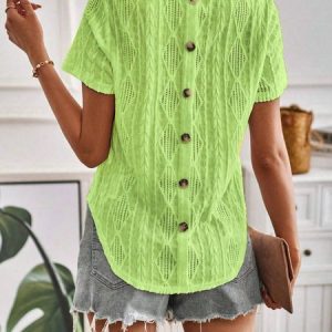 Buttoned Simple Plain Crew Neck Shirt, Tees & T-shirts, Roselinlin - Online Catalog