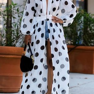 Vacation V Neck Polka Dots Loose Kimono, Kimonos, color:White|size:XXL, Stylewe
