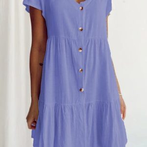 Solid Short Sleeve Casual Ruffled V-Neck Mini Women Dress, Midi Dresses, Roselinlin - Online Catalog