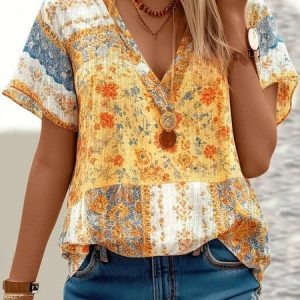 V Neck Loose Vacation Ethnic Shirt, Tees & T-shirts, Roselinlin - Online Catalog