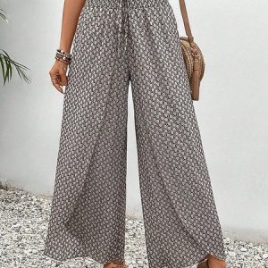 Women Casual Vacation Pop Pattern Loose Long Pants, Pants, color:Khaki|size:XXL, catalog Noracora shop
