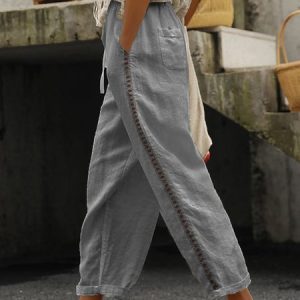 Loose Casual Hollow Out Lace Pockets Drawstring Waist Plain Linen Pants, Pants, Roselinlin - Online Catalog